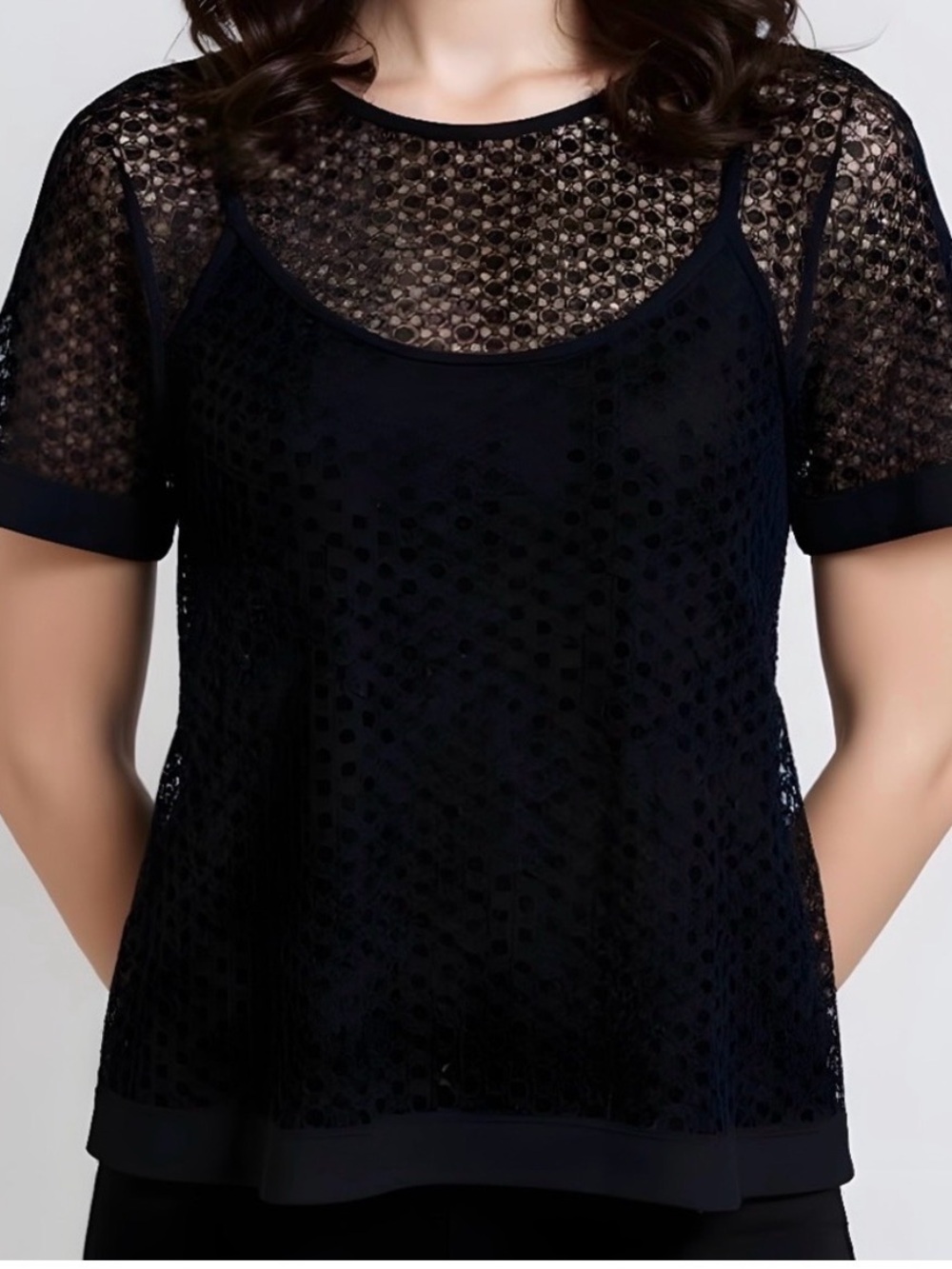 AnnTayler Black Boxy Sheer Lace Lace Overlay Top with back Zipper